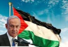 Benjamin Netanyahu and Palestine flag