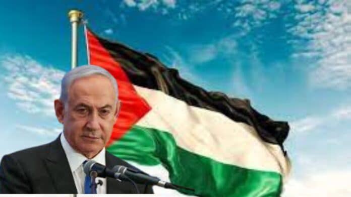 Benjamin Netanyahu and Palestine flag