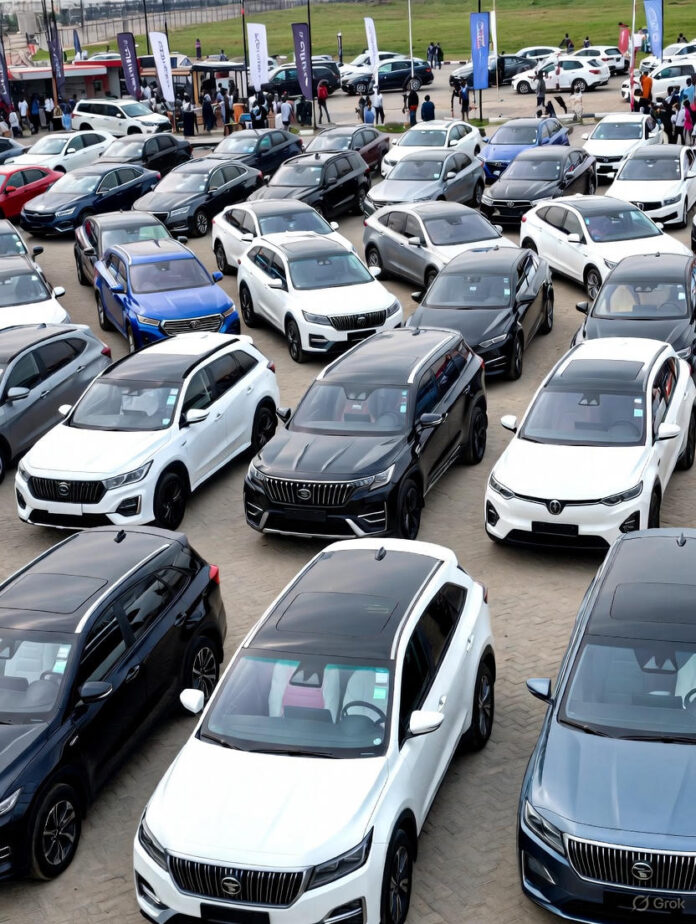 Rows of new hybrid and electric SUVs on display at the Abuja Motor Fair