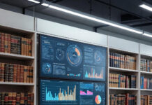 Futuristic Nigerian tech workspace with glowing data dashboards surrounded by shelves of outdated law books, symbolizing the clash between innovation and regulation
