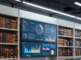 Futuristic Nigerian tech workspace with glowing data dashboards surrounded by shelves of outdated law books, symbolizing the clash between innovation and regulation