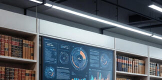 Futuristic Nigerian tech workspace with glowing data dashboards surrounded by shelves of outdated law books, symbolizing the clash between innovation and regulation