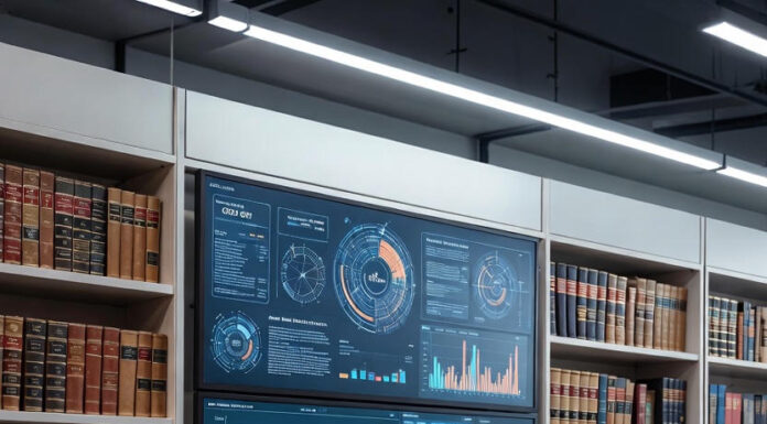 Futuristic Nigerian tech workspace with glowing data dashboards surrounded by shelves of outdated law books, symbolizing the clash between innovation and regulation