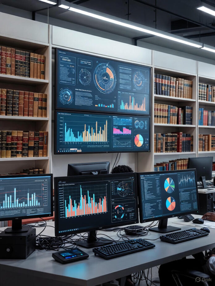 Modern Tech, Old Laws: Nigeria’s Race to Protect Digital Rights Futuristic Nigerian tech workspace with glowing data dashboards surrounded by shelves of outdated law books, symbolizing the clash between innovation and regulation