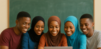 Nigerian teenagers gathered around a laptop in a classroom, smiling and learning together.