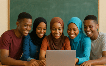 Nigerian teenagers gathered around a laptop in a classroom, smiling and learning together.