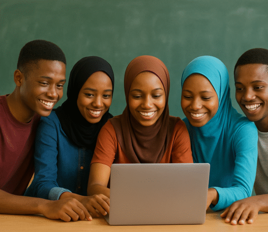 Nigerian teenagers gathered around a laptop in a classroom, smiling and learning together.