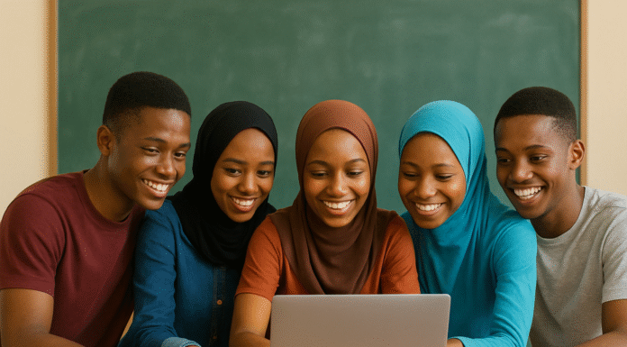 Nigerian teenagers gathered around a laptop in a classroom, smiling and learning together.