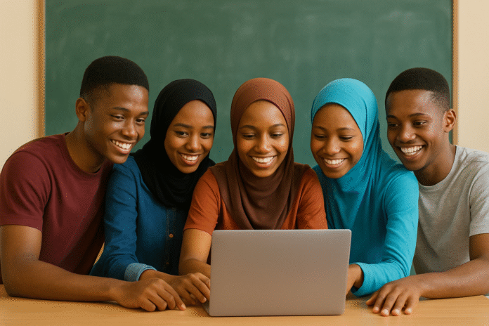 Nigerian teenagers gathered around a laptop in a classroom, smiling and learning together.