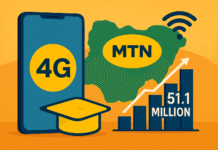 MTN Advances Nigeria’s Broadband Goals as Active Data Users Reach 51.1 Million Illustration showing Nigeria’s map, a smartphone with 4G connectivity, and a rising bar chart symbolizing MTN’s broadband growth to 51.1 million active data users.