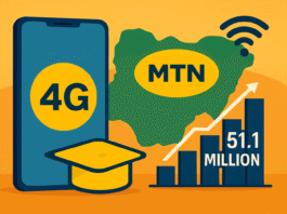 Illustration showing Nigeria’s map, a smartphone with 4G connectivity, and a rising bar chart symbolizing MTN’s broadband growth to 51.1 million active data users.