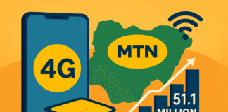 Illustration showing Nigeria’s map, a smartphone with 4G connectivity, and a rising bar chart symbolizing MTN’s broadband growth to 51.1 million active data users.