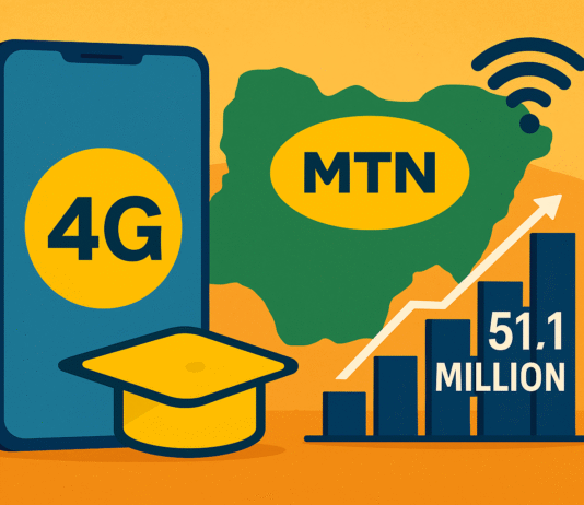 Illustration showing Nigeria’s map, a smartphone with 4G connectivity, and a rising bar chart symbolizing MTN’s broadband growth to 51.1 million active data users.