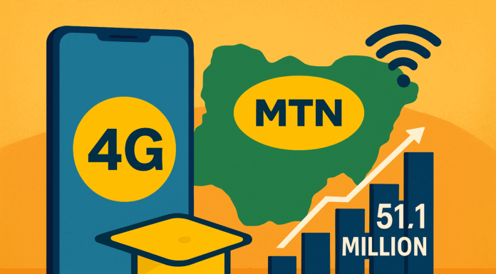 Illustration showing Nigeria’s map, a smartphone with 4G connectivity, and a rising bar chart symbolizing MTN’s broadband growth to 51.1 million active data users.