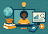 EdTech Market Expands in Nigeria as Online Learning Platforms Gain Traction Illustration of online learning tools including a female student on a laptop screen, books, a graduation cap, a globe, and digital education icons.