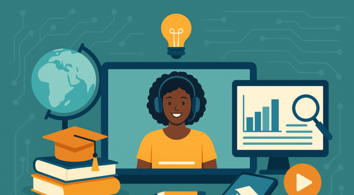 Illustration of online learning tools including a female student on a laptop screen, books, a graduation cap, a globe, and digital education icons.