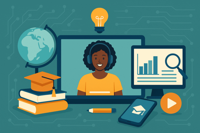 EdTech Growth and Online Learning in Nigeria Illustration of online learning tools including a female student on a laptop screen, books, a graduation cap, a globe, and digital education icons.