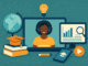 Illustration of online learning tools including a female student on a laptop screen, books, a graduation cap, a globe, and digital education icons.