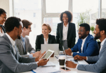 Diverse group of confident business professionals in a modern office meeting, smiling and discussing direct selling as a tool for job creation in Nigeria and SSA.