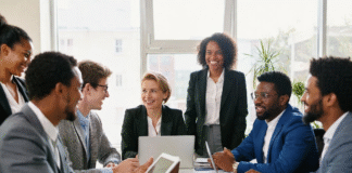 Diverse group of confident business professionals in a modern office meeting, smiling and discussing direct selling as a tool for job creation in Nigeria and SSA.