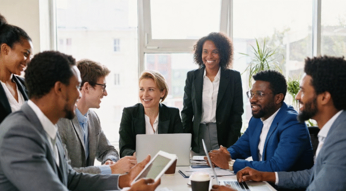 Diverse group of confident business professionals in a modern office meeting, smiling and discussing direct selling as a tool for job creation in Nigeria and SSA.