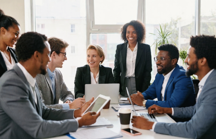 Leading Firm Calls for Greater Adoption of Direct Selling in Nigeria & Sub-Saharan Africa to Boost Jobs Diverse group of confident business professionals in a modern office meeting, smiling and discussing direct selling as a tool for job creation in Nigeria and SSA.