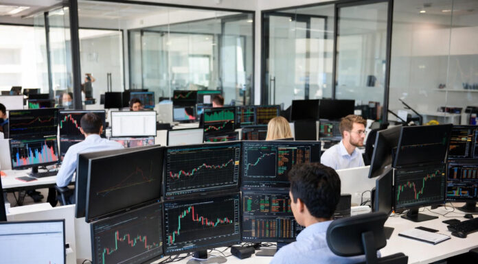Trader analyzing declining stock charts on multiple screens with headline overlay: "Awareness Gap Stalls NGX Tech Listings".