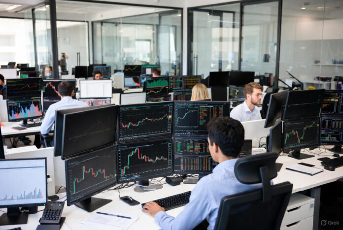 Awareness Gap Blocking Nigerian Tech Companies from NGX Listings – TLP Advisory Report Trader analyzing declining stock charts on multiple screens with headline overlay: