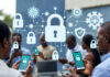 The Best VPN Service in Nigeria: As Rated By Our Mobile and Desktop Experts Nigerians using smartphones and laptops surrounded by glowing digital shields and padlocks, symbolizing secure VPN protection in an urban Lagos setting.