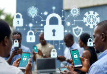 The Best VPN Service in Nigeria: As Rated By Our Mobile and Desktop Experts Nigerians using smartphones and laptops surrounded by glowing digital shields and padlocks, symbolizing secure VPN protection in an urban Lagos setting.