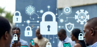 Nigerians using smartphones and laptops surrounded by glowing digital shields and padlocks, symbolizing secure VPN protection in an urban Lagos setting.