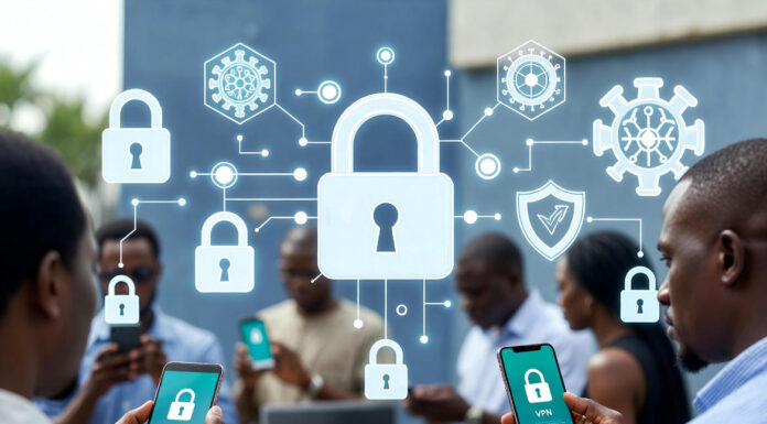 Nigerians using smartphones and laptops surrounded by glowing digital shields and padlocks, symbolizing secure VPN protection in an urban Lagos setting.