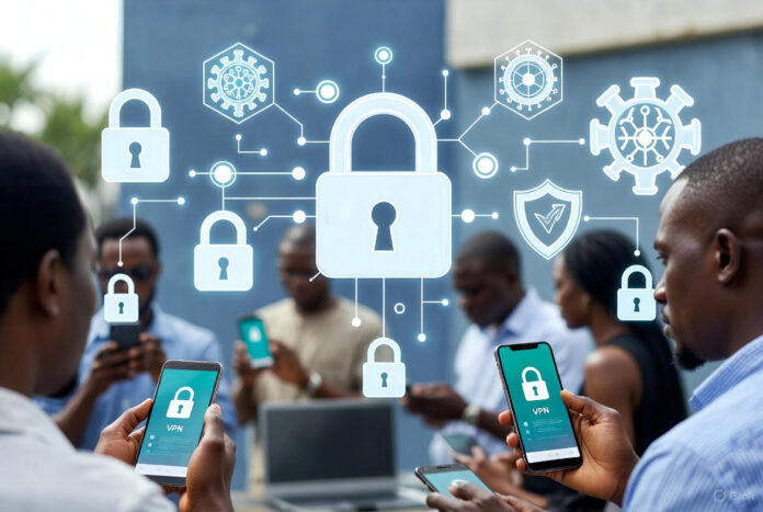 Nigerians using smartphones and laptops surrounded by glowing digital shields and padlocks, symbolizing secure VPN protection in an urban Lagos setting.