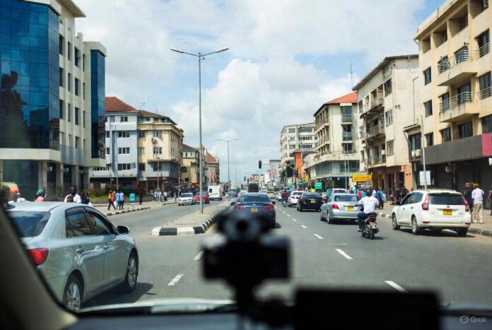 Alt Text: Bolt driver in Lagos installs a dash cam on his windshield while other ride-hailing cars queue on a busy city street, symbolizing rapid safety-tech adoption.