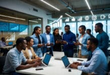 Young Nigerian tech innovators in a modern Lagos hub collaborate around laptops and glowing digital dashboards, surrounded by rising graphs and connectivity icons.