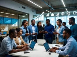 Young Nigerian tech innovators in a modern Lagos hub collaborate around laptops and glowing digital dashboards, surrounded by rising graphs and connectivity icons.