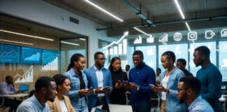 Young Nigerian tech innovators in a modern Lagos hub collaborate around laptops and glowing digital dashboards, surrounded by rising graphs and connectivity icons.