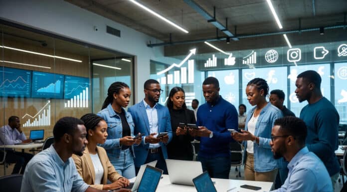Young Nigerian tech innovators in a modern Lagos hub collaborate around laptops and glowing digital dashboards, surrounded by rising graphs and connectivity icons.