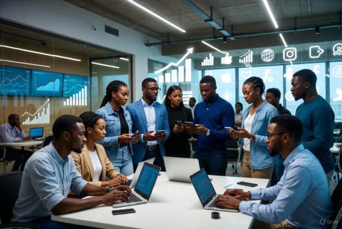 Nigeria’s Future is Digital – And Youth Are Building It Young Nigerian tech innovators in a modern Lagos hub collaborate around laptops and glowing digital dashboards, surrounded by rising graphs and connectivity icons.
