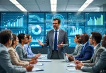 Professor Urges Business Owners to Invest in Technology A Nigerian professor addresses a conference room full of attentive business owners, with large digital screens behind him showing rising graphs and cutting-edge tech innovations.