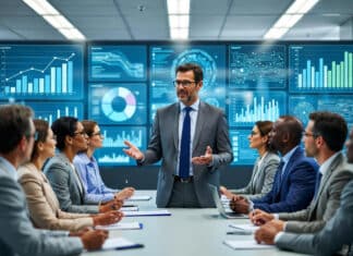 Professor Urges Business Owners to Invest in Technology A Nigerian professor addresses a conference room full of attentive business owners, with large digital screens behind him showing rising graphs and cutting-edge tech innovations.