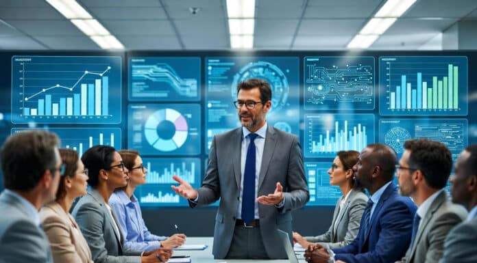 A Nigerian professor addresses a conference room full of attentive business owners, with large digital screens behind him showing rising graphs and cutting-edge tech innovations.