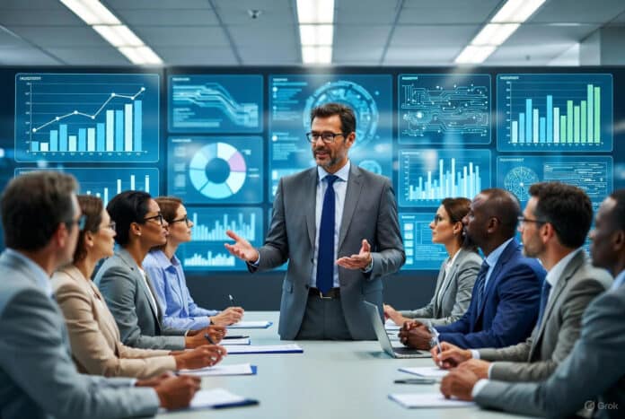 Invest in Technology or Fall Behind – Professor’s Urgent Call to Nigerian Entrepreneurs A Nigerian professor addresses a conference room full of attentive business owners, with large digital screens behind him showing rising graphs and cutting-edge tech innovations.