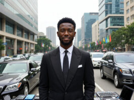 Alt Text: Confident young Nigerian billionaire in a sharp suit stands on a Lagos business street surrounded by luxury cars and skyscrapers.