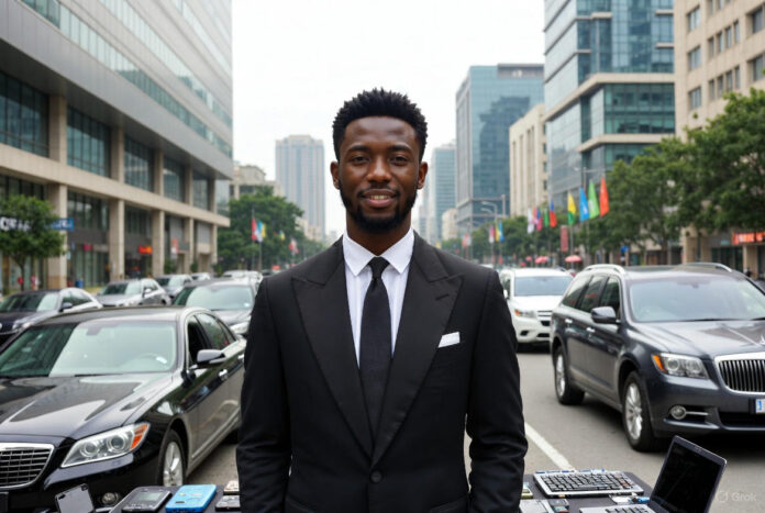 Nigeria’s Youngest Billionaire Alt Text: Confident young Nigerian billionaire in a sharp suit stands on a Lagos business street surrounded by luxury cars and skyscrapers.