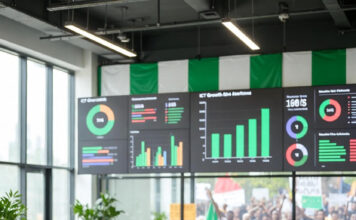 Nigerian tech professionals monitor rising ICT growth charts in a modern office, with subtle protest imagery visible through the window