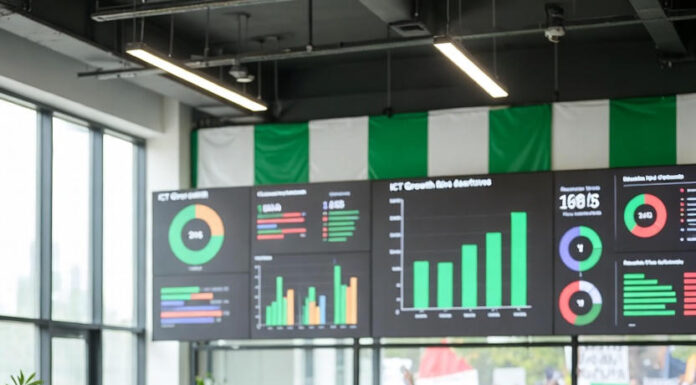 Nigerian tech professionals monitor rising ICT growth charts in a modern office, with subtle protest imagery visible through the window