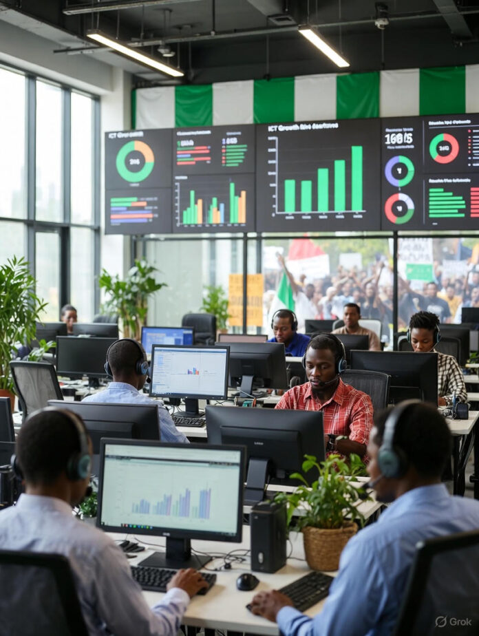 Nigeria’s ICT Sector Grows 13% Despite Political Headwinds Nigerian tech professionals monitor rising ICT growth charts in a modern office, with subtle protest imagery visible through the window