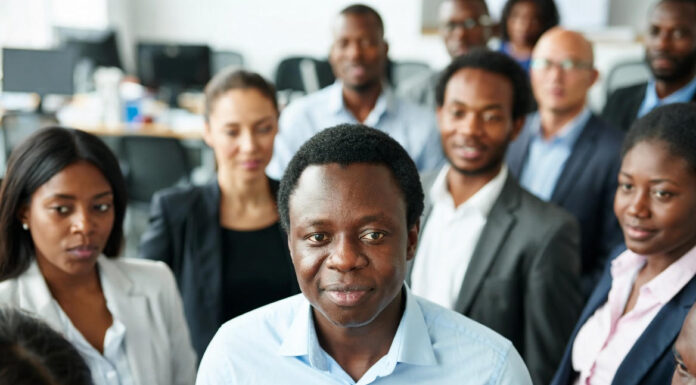 Diverse Nigerian professionals in a meeting discussing fintech regulation, with subtle green-white-green Nigerian flag overlay