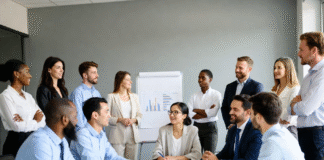 Diverse group of Nigerian entrepreneurs and business leaders gathered around a conference table, smiling and discussing digital transformation and new technology adoption.
